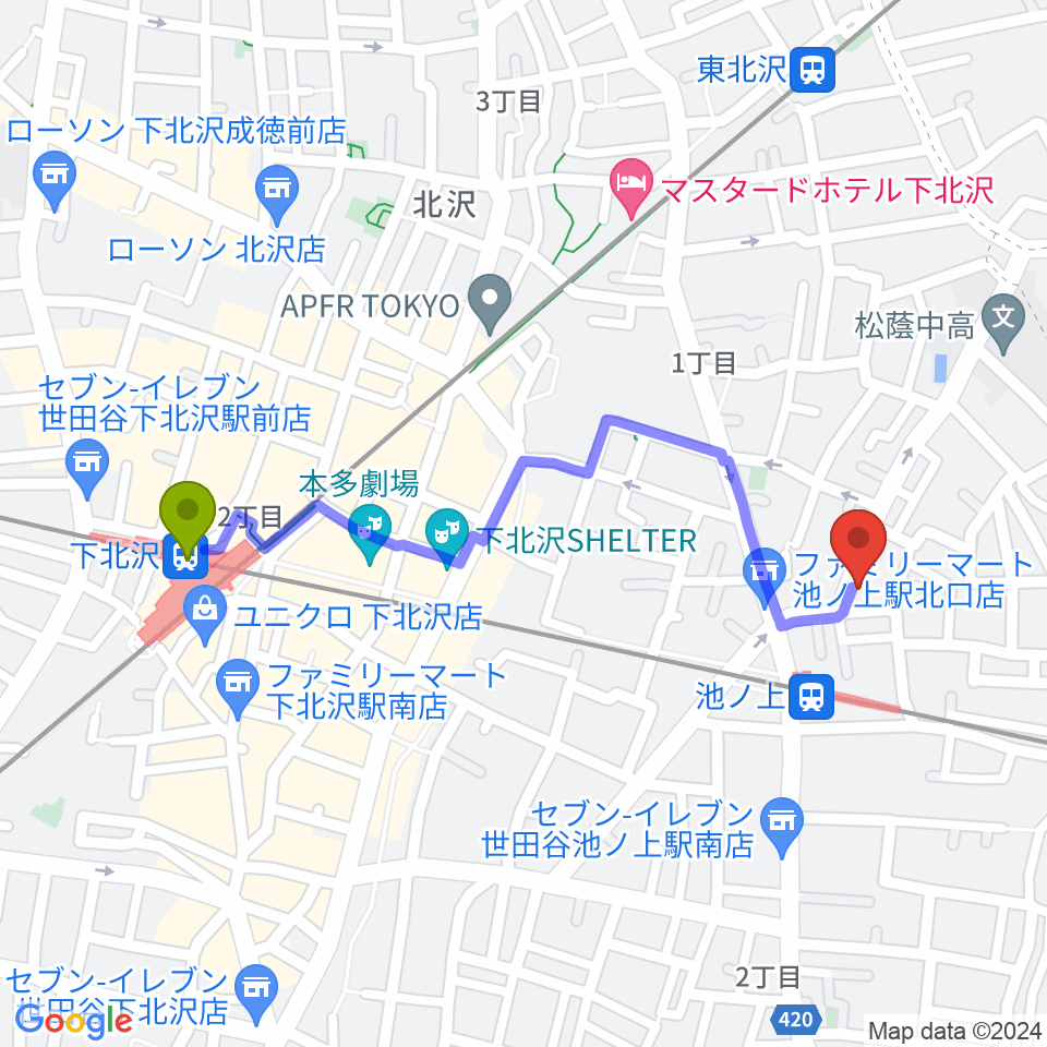 下北沢駅からタカギズ・ホームへのルートマップ地図