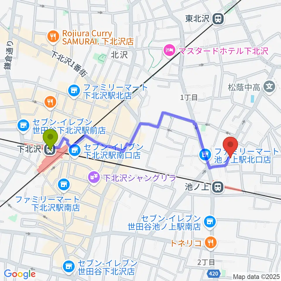 下北沢駅からタカギズ・ホームへのルートマップ地図