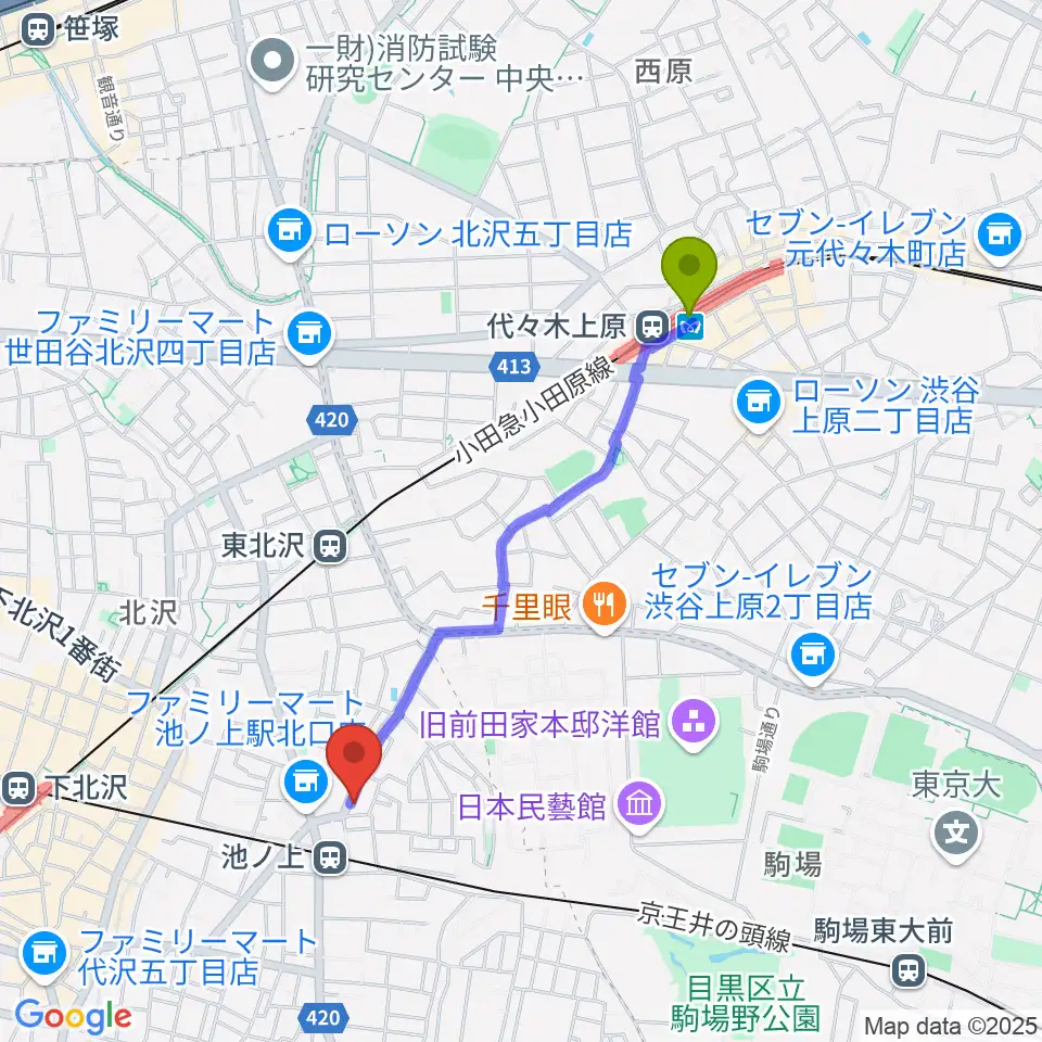 代々木上原駅からタカギズ・ホームへのルートマップ地図