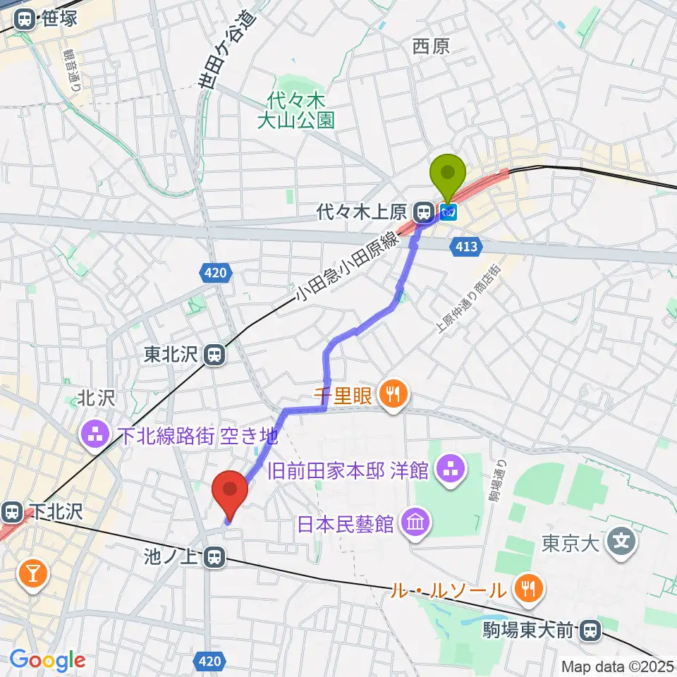 代々木上原駅からタカギズ・ホームへのルートマップ地図