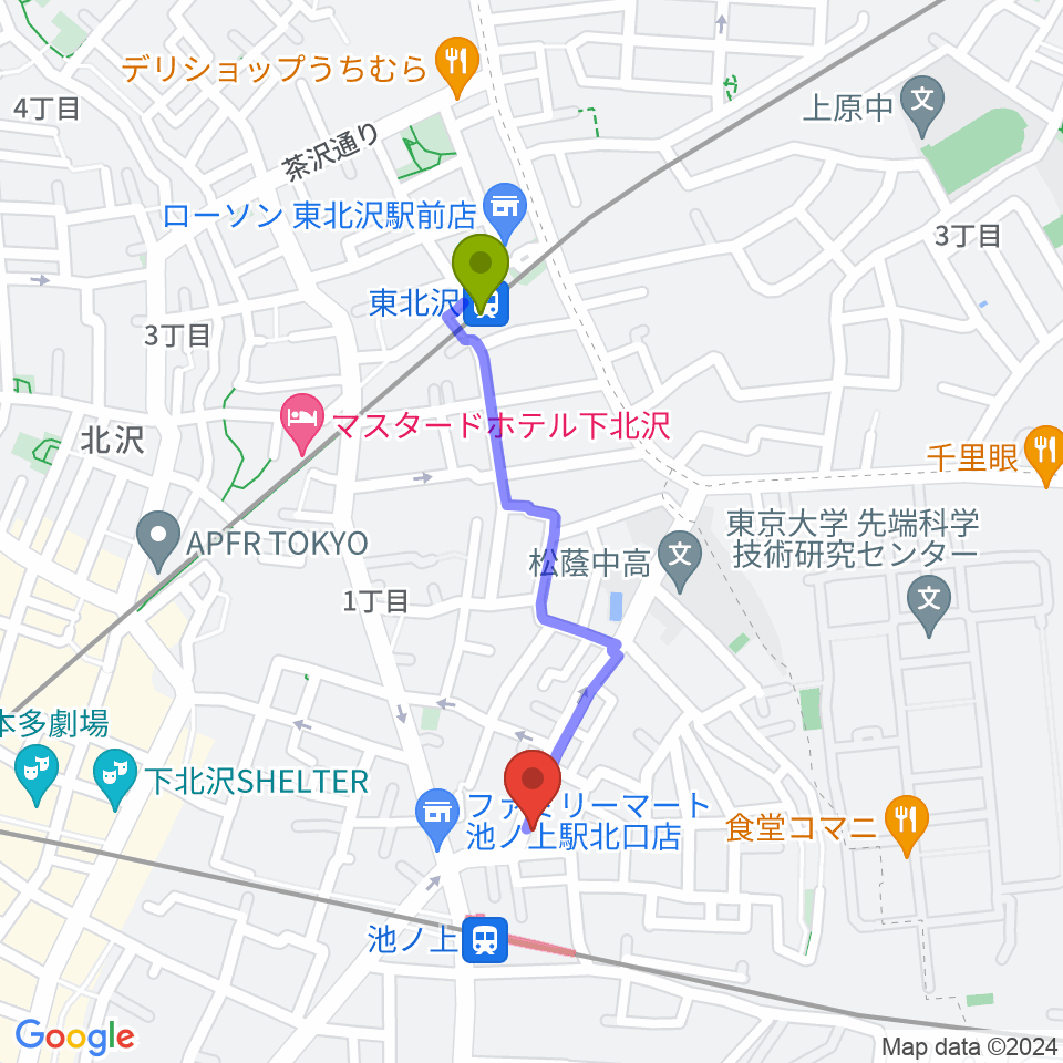 東北沢駅からタカギズ・ホームへのルートマップ地図
