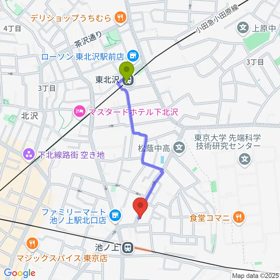 東北沢駅からタカギズ・ホームへのルートマップ地図