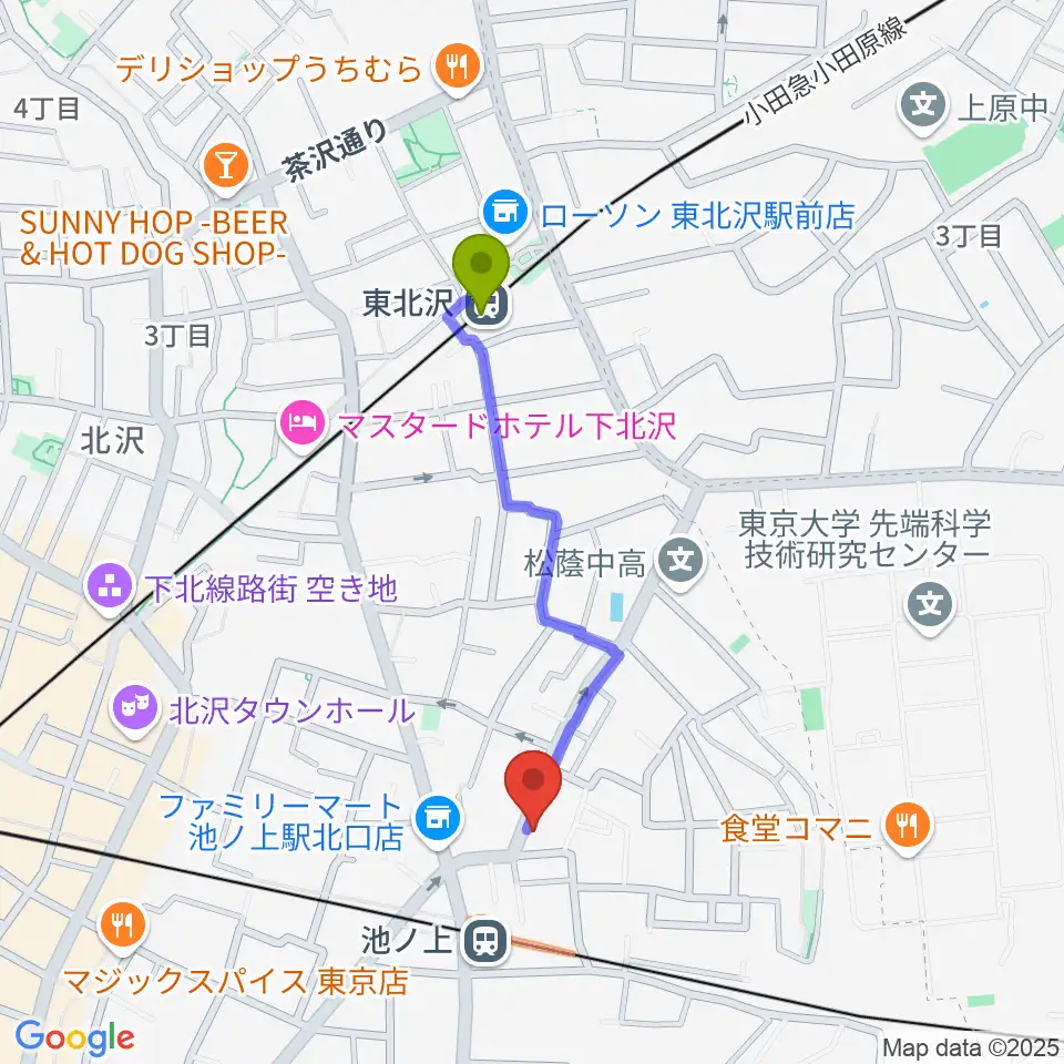 東北沢駅からタカギズ・ホームへのルートマップ地図