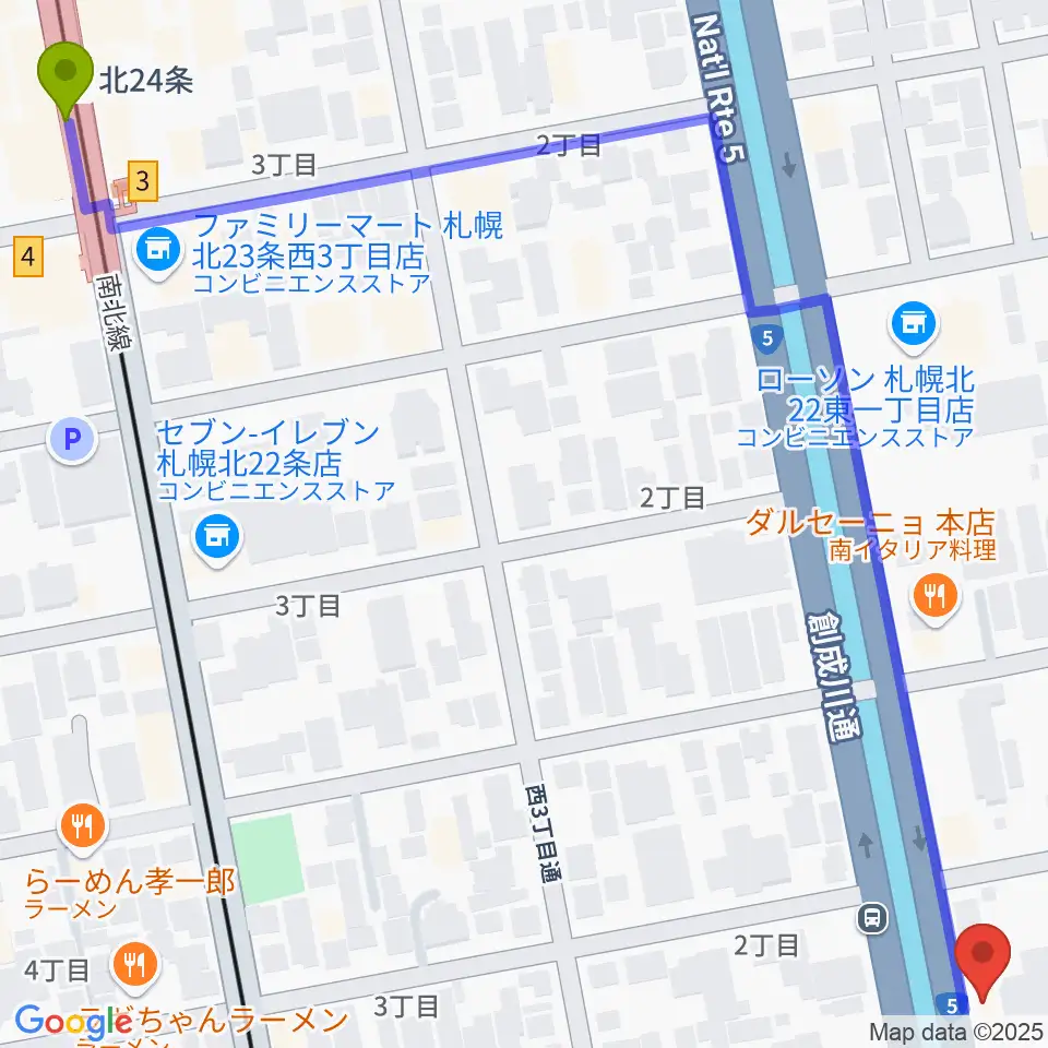 札幌スタジオミルクの最寄駅北２４条駅からの徒歩ルート（約8分）地図