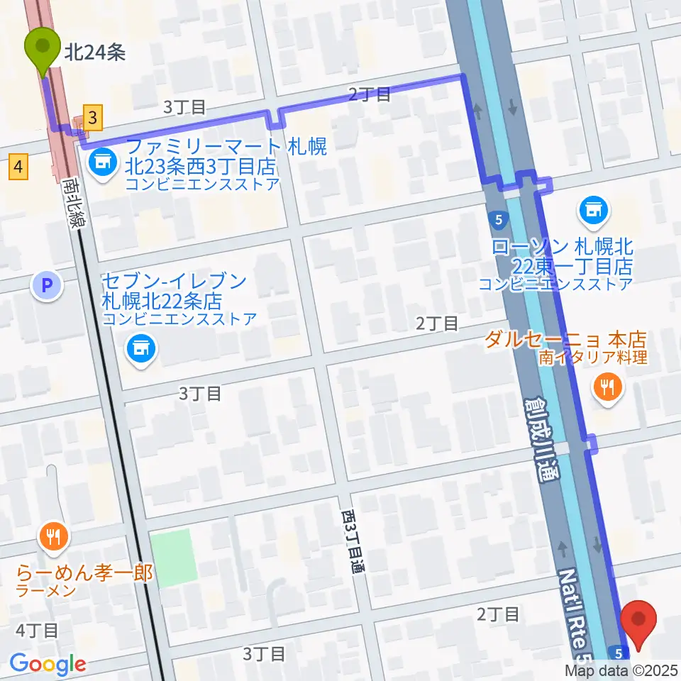 札幌スタジオミルクの最寄駅北２４条駅からの徒歩ルート（約8分）地図
