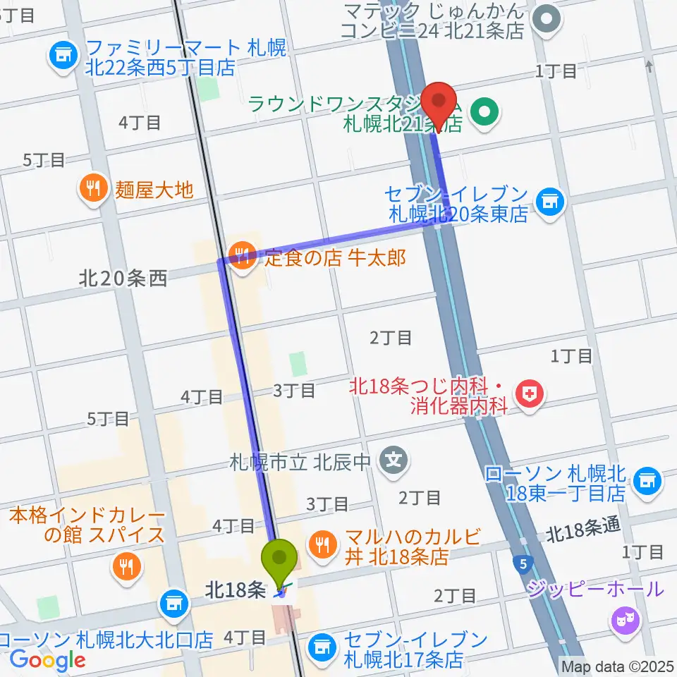 北１８条駅から札幌スタジオミルクへのルートマップ地図