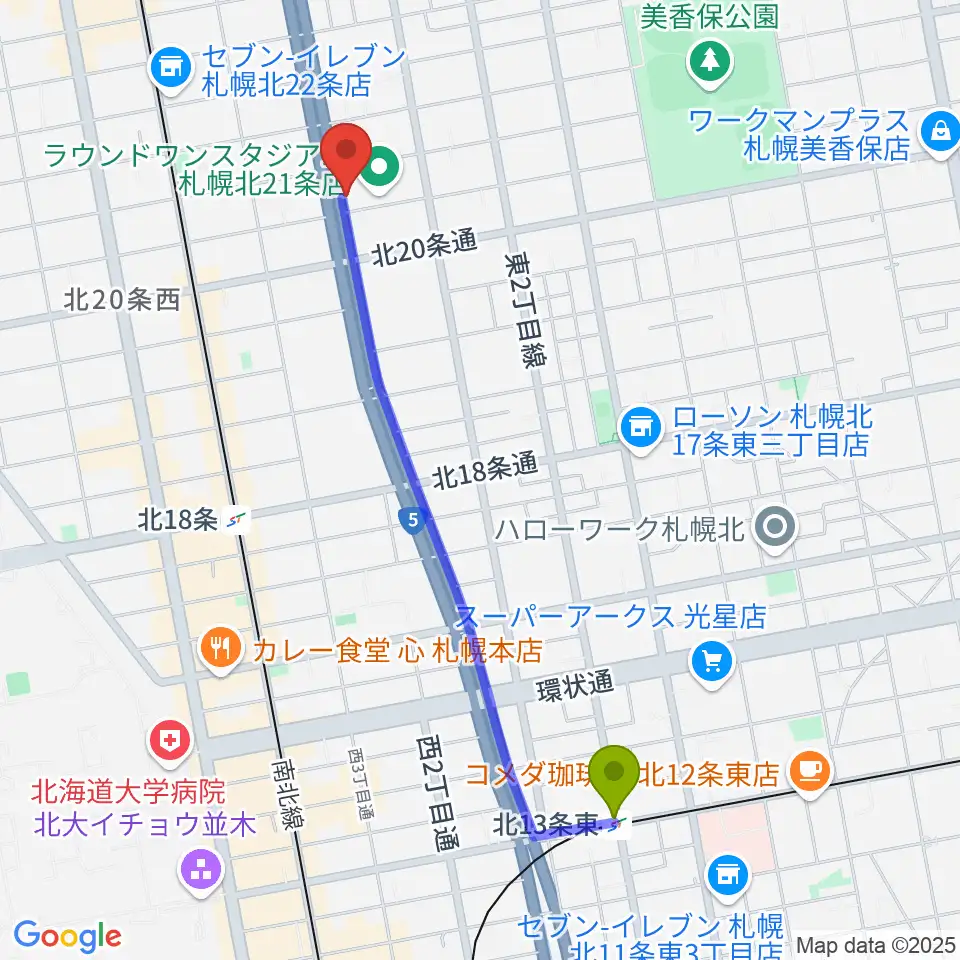 北１３条東駅から札幌スタジオミルクへのルートマップ地図