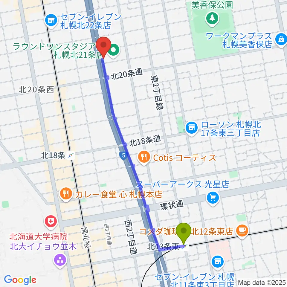 北１３条東駅から札幌スタジオミルクへのルートマップ地図
