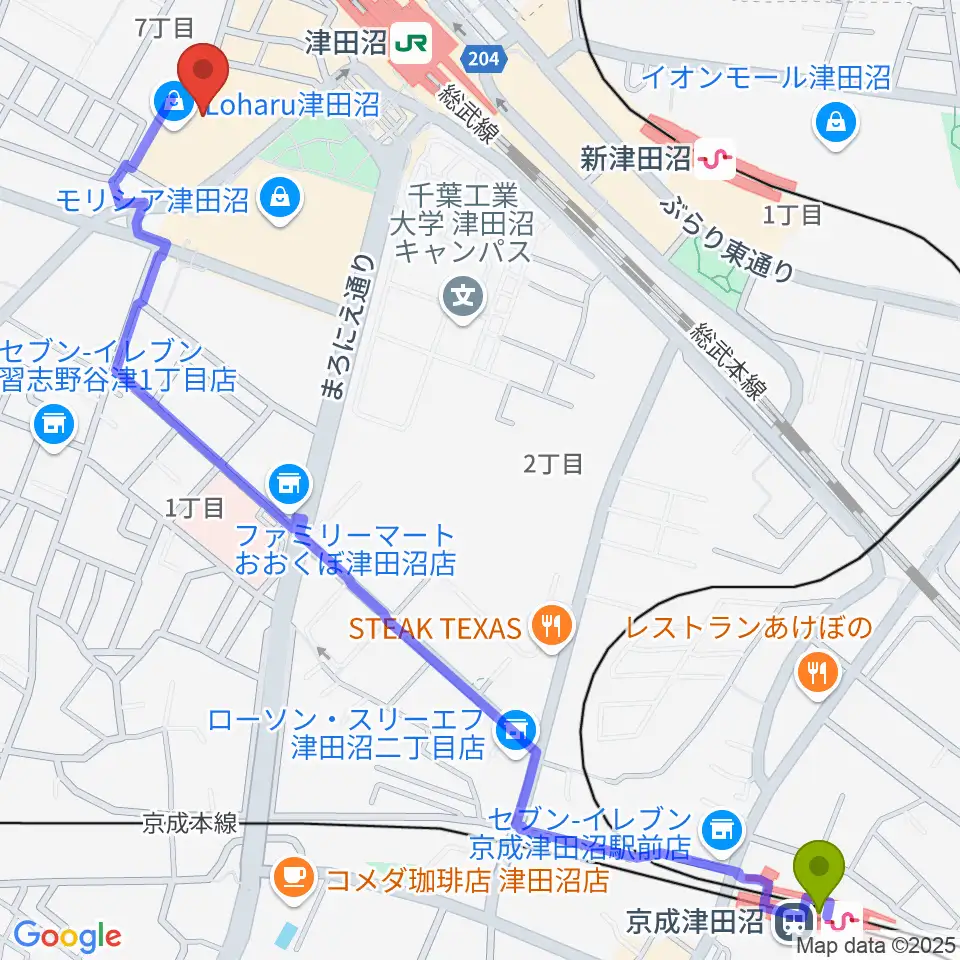 京成津田沼駅から島村楽器 ロハル津田沼店へのルートマップ地図