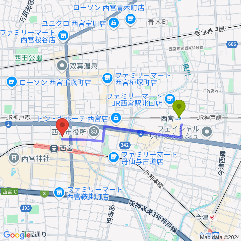 西宮駅から阪神西宮ゴールウェイへのルートマップ地図