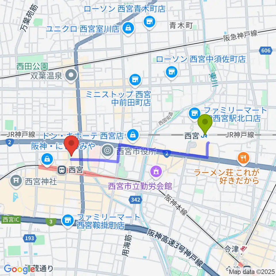 西宮駅から阪神西宮ゴールウェイへのルートマップ地図