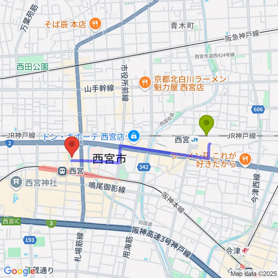 西宮駅から阪神西宮ゴールウェイへのルートマップ地図