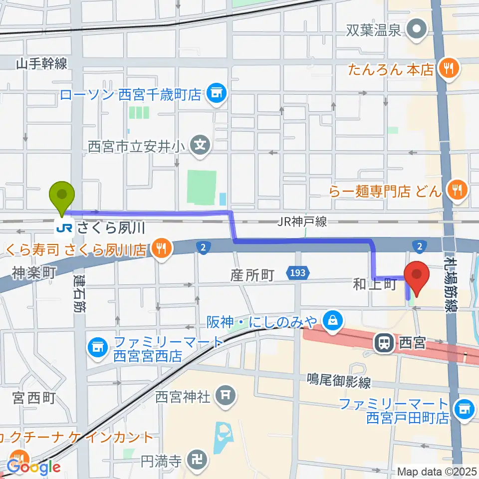 さくら夙川駅から阪神西宮ゴールウェイへのルートマップ地図