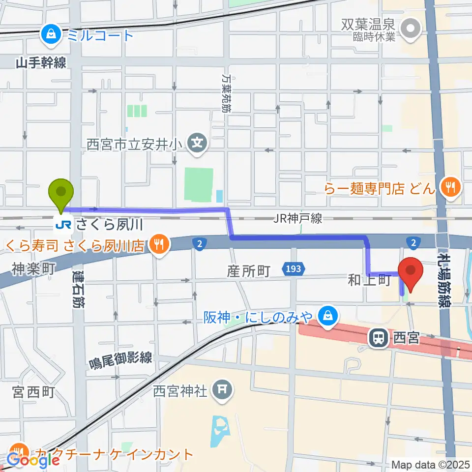 さくら夙川駅から阪神西宮ゴールウェイへのルートマップ地図