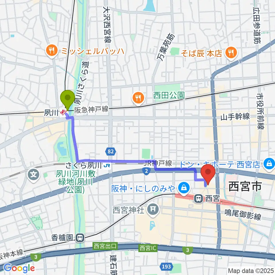 夙川駅から阪神西宮ゴールウェイへのルートマップ地図