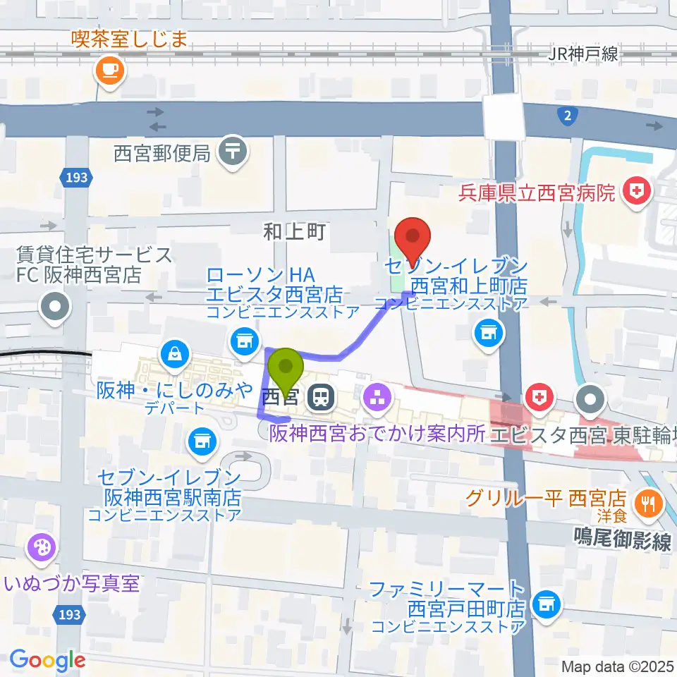 阪神西宮ゴールウェイの最寄駅西宮駅からの徒歩ルート（約2分）地図