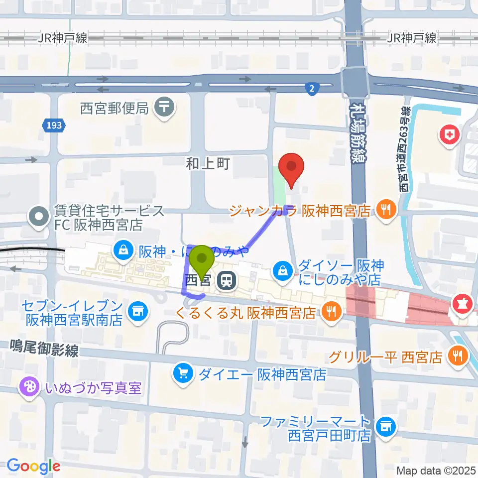 阪神西宮ゴールウェイの最寄駅西宮駅からの徒歩ルート（約2分）地図