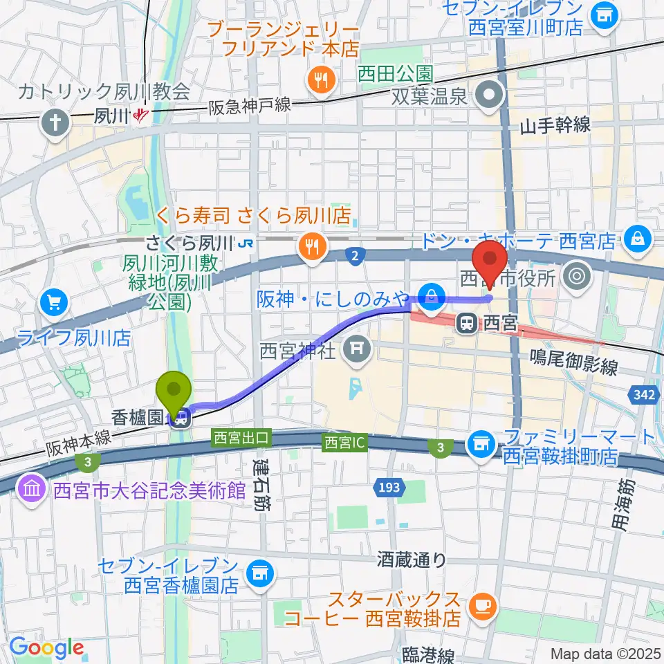 香櫨園駅から阪神西宮ゴールウェイへのルートマップ地図