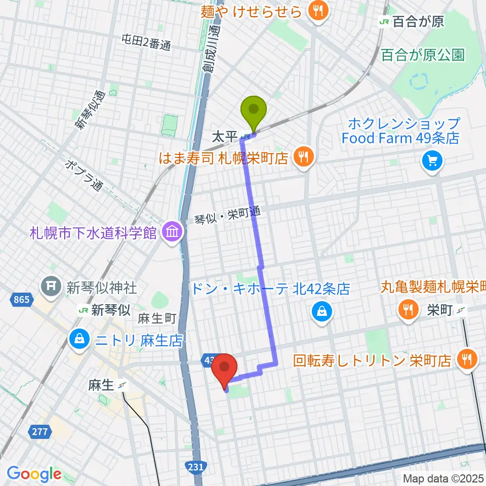 太平駅からスタジオタイラーへのルートマップ地図
