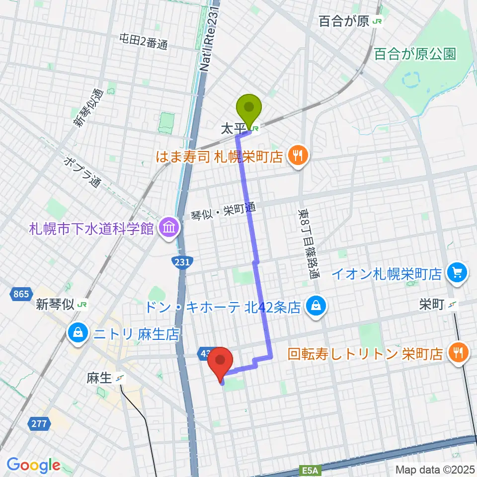 太平駅からスタジオタイラーへのルートマップ地図