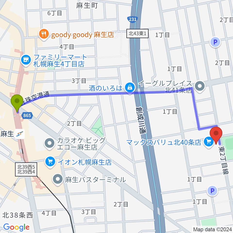 スタジオタイラーの最寄駅麻生駅からの徒歩ルート（約12分）地図