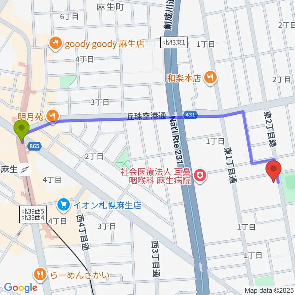 スタジオタイラーの最寄駅麻生駅からの徒歩ルート（約12分）地図