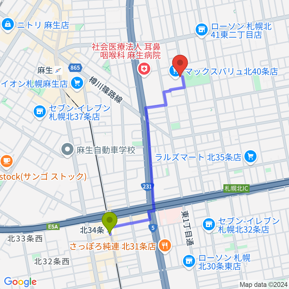 北３４条駅からスタジオタイラーへのルートマップ地図