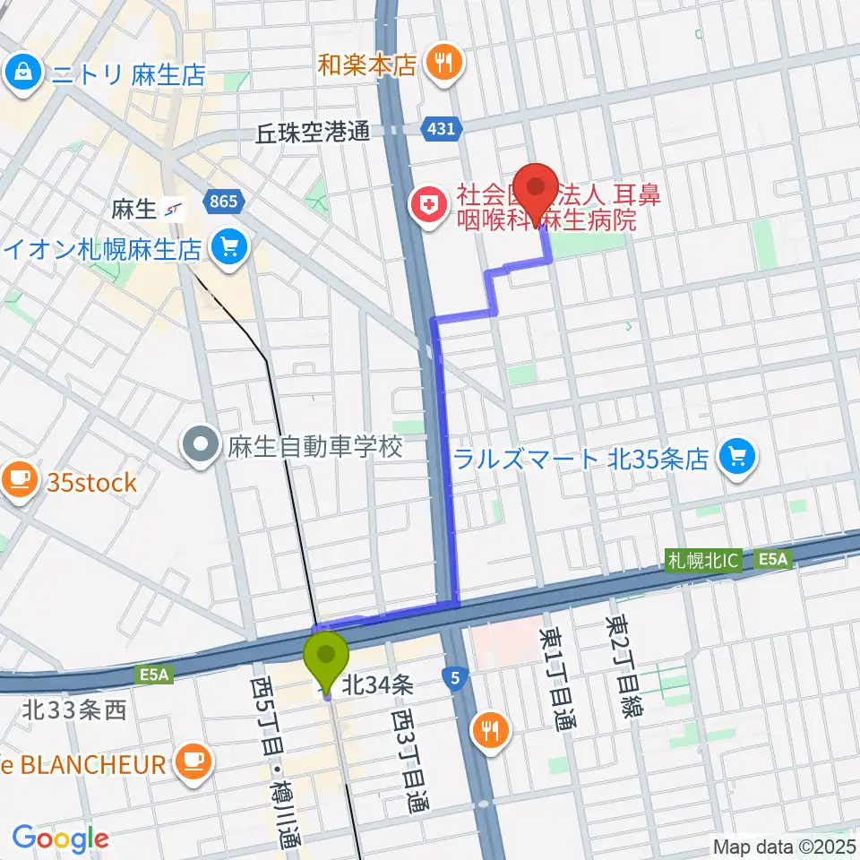 北３４条駅からスタジオタイラーへのルートマップ地図