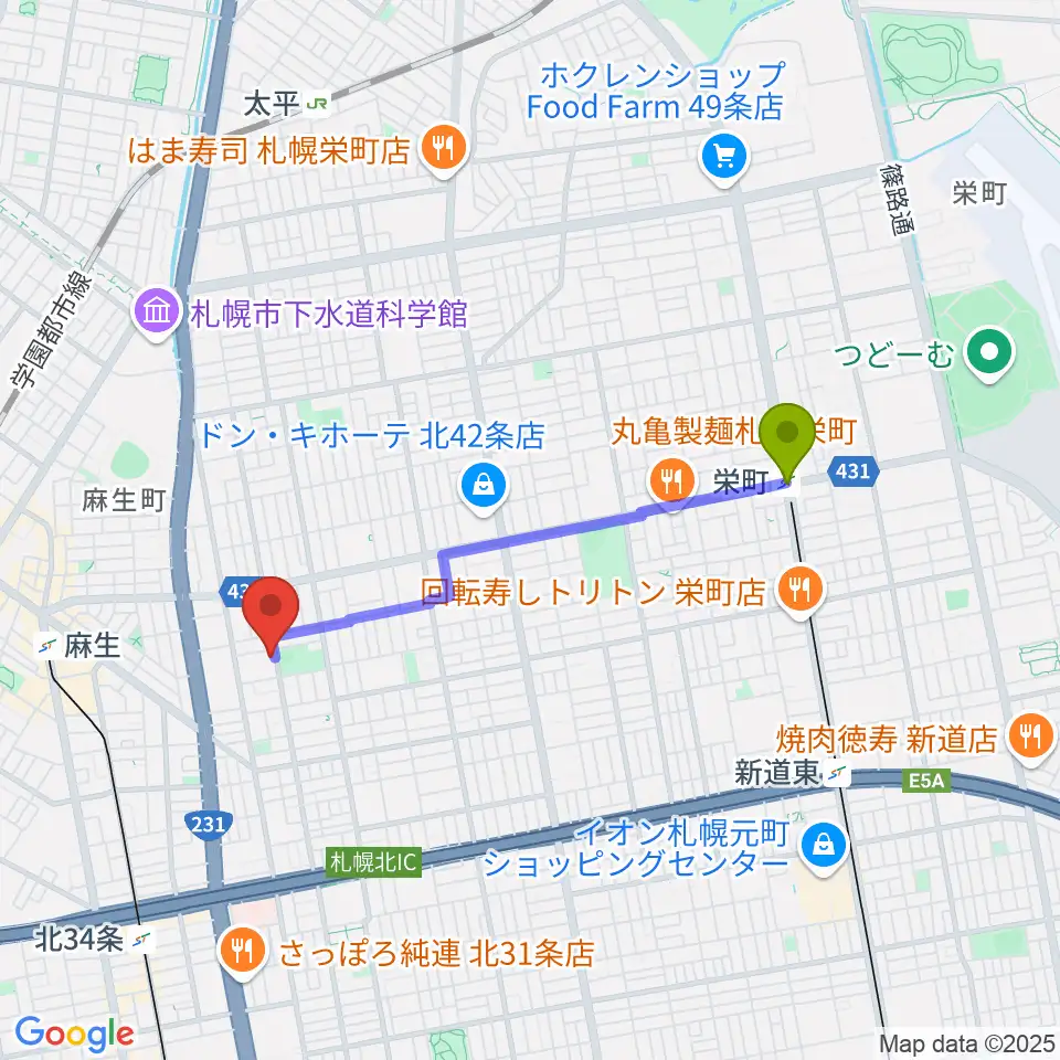 栄町駅からスタジオタイラーへのルートマップ地図