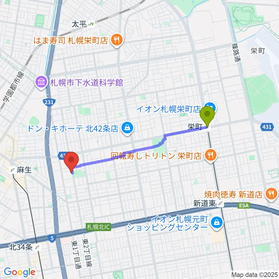 栄町駅からスタジオタイラーへのルートマップ地図