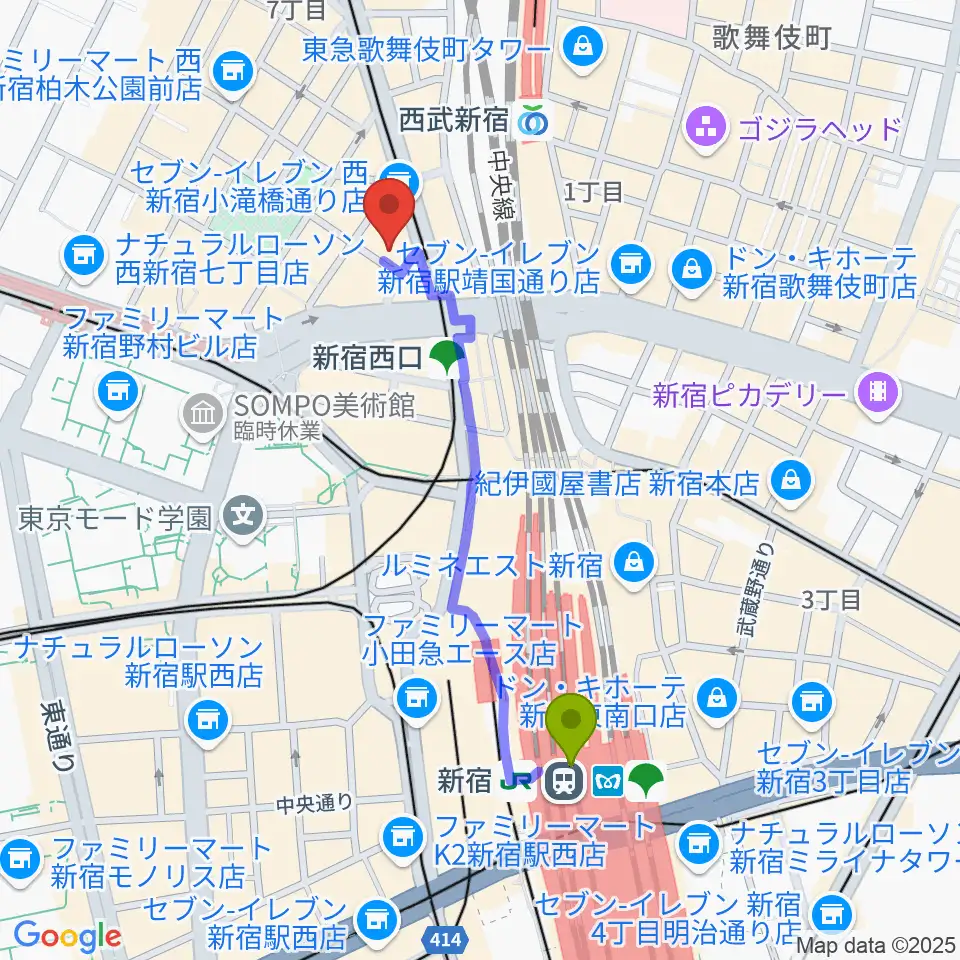 新宿駅からサウンドスタジオノア 新宿店へのルートマップ地図