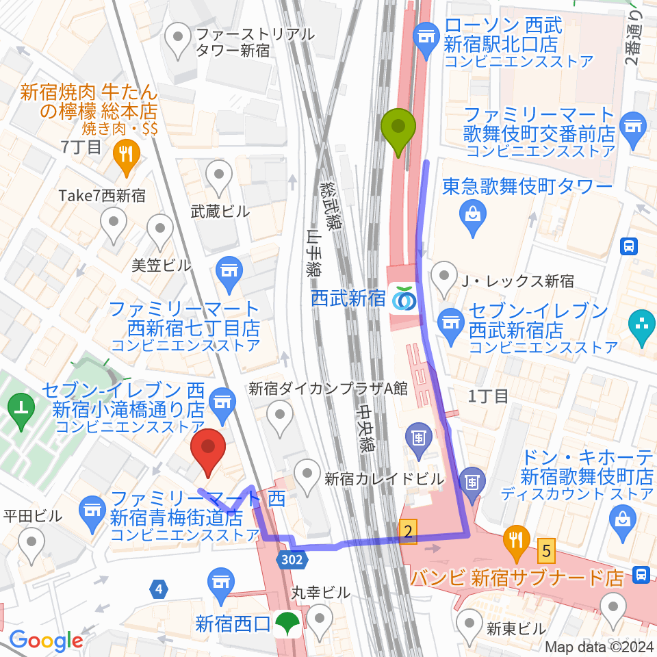 西武新宿駅からサウンドスタジオノア 新宿店へのルートマップ地図
