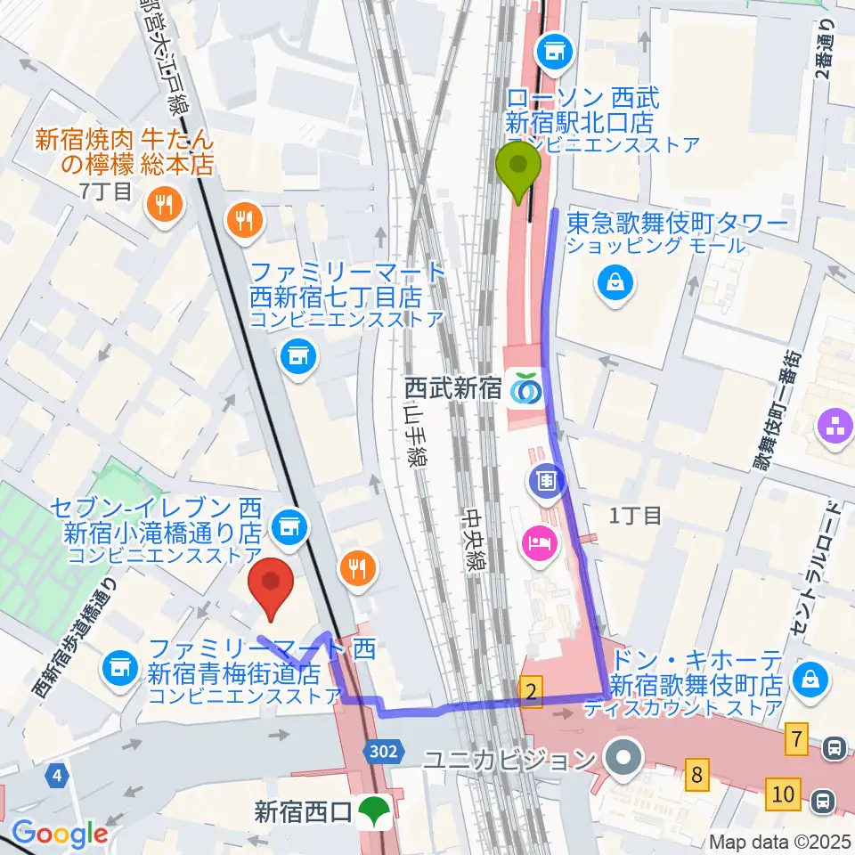 西武新宿駅からサウンドスタジオノア 新宿店へのルートマップ地図