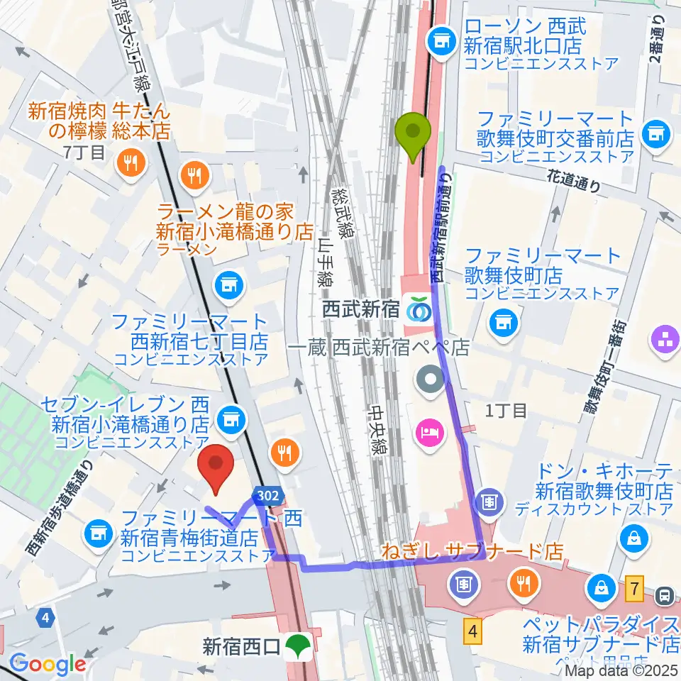 西武新宿駅からサウンドスタジオノア 新宿店へのルートマップ地図
