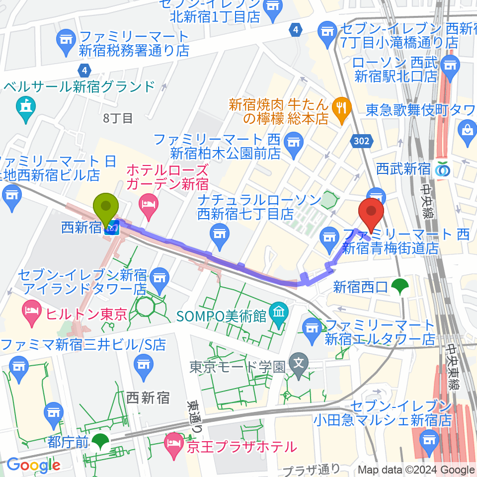 西新宿駅からサウンドスタジオノア 新宿店へのルートマップ地図