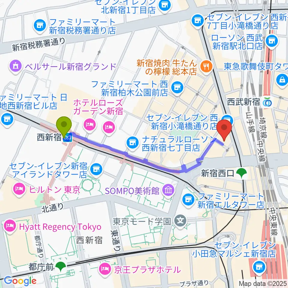 西新宿駅からサウンドスタジオノア 新宿店へのルートマップ地図