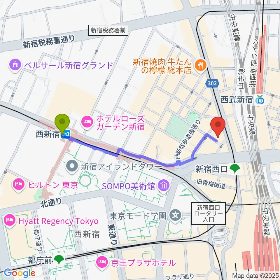 西新宿駅からサウンドスタジオノア 新宿店へのルートマップ地図