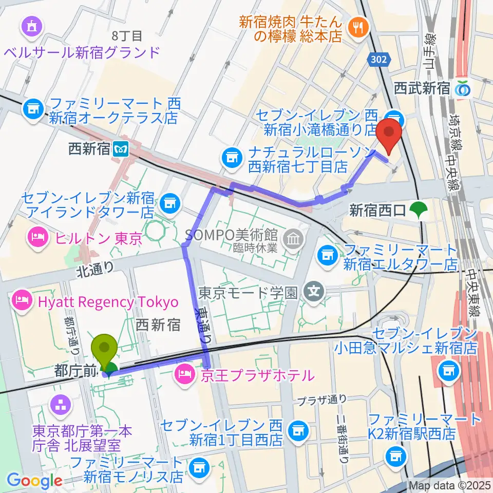都庁前駅からサウンドスタジオノア 新宿店へのルートマップ地図