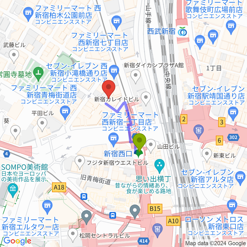 サウンドスタジオノア 新宿店の最寄駅新宿西口駅からの徒歩ルート（約2分）地図