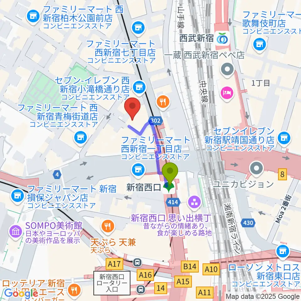 サウンドスタジオノア 新宿店の最寄駅新宿西口駅からの徒歩ルート（約2分）地図