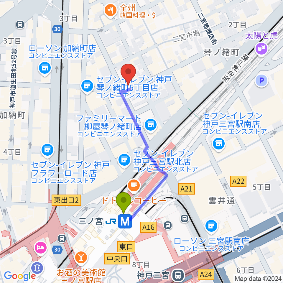 スタジオバップルの最寄駅三ノ宮駅からの徒歩ルート（約4分）地図