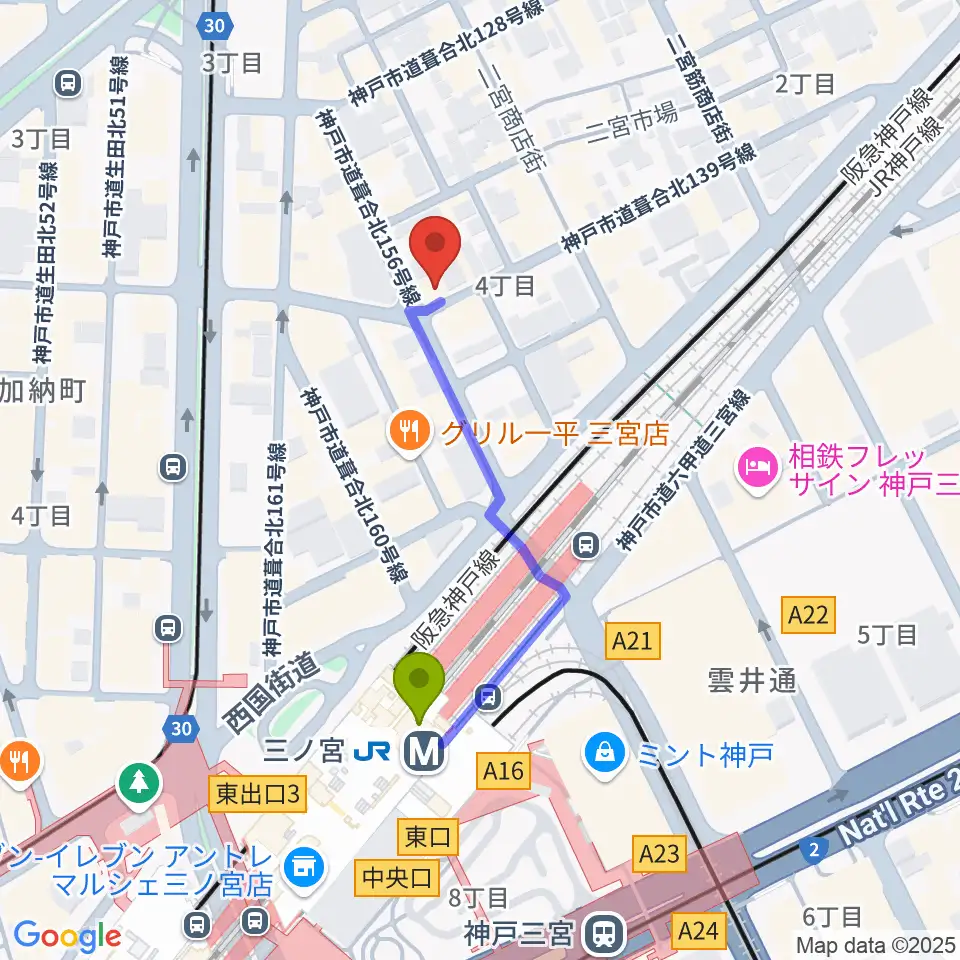 スタジオバップルの最寄駅三ノ宮駅からの徒歩ルート（約4分）地図