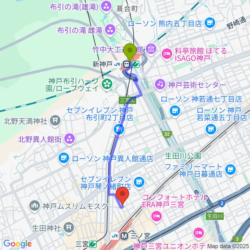 新神戸駅からスタジオバップルへのルートマップ地図