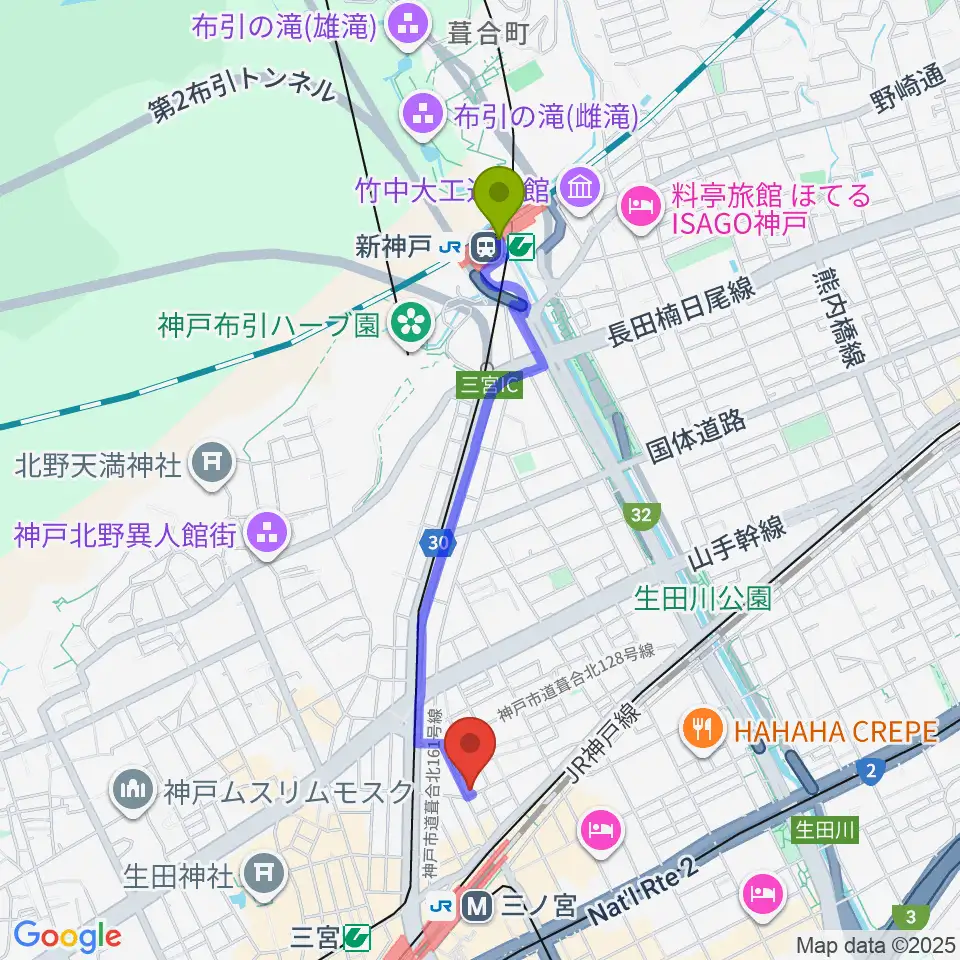 新神戸駅からスタジオバップルへのルートマップ地図