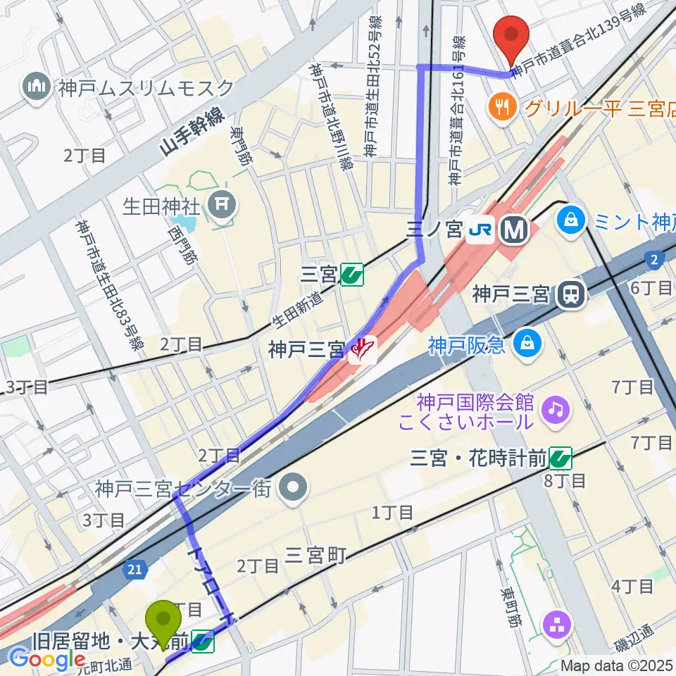 旧居留地・大丸前駅からスタジオバップルへのルートマップ地図