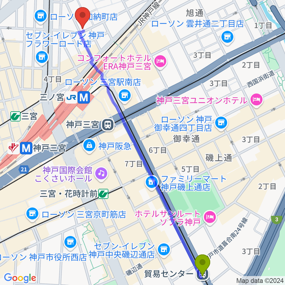 貿易センター駅からスタジオバップルへのルートマップ地図