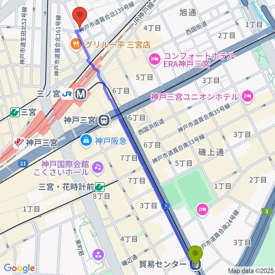 貿易センター駅からスタジオバップルへのルートマップ地図