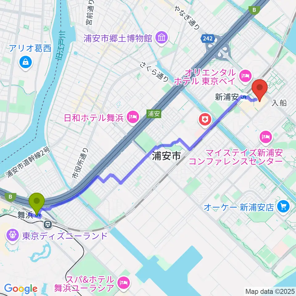 舞浜駅から島村楽器 イオン新浦安店へのルートマップ地図