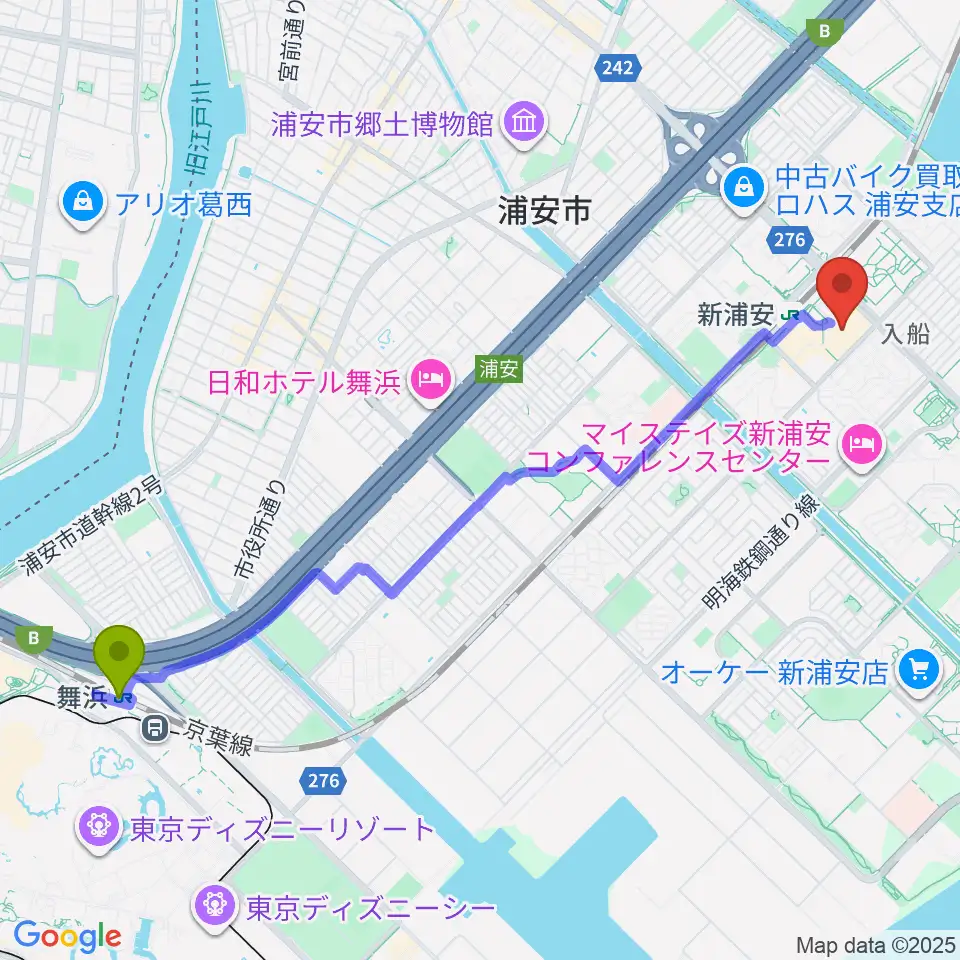 舞浜駅から島村楽器 イオン新浦安店へのルートマップ地図