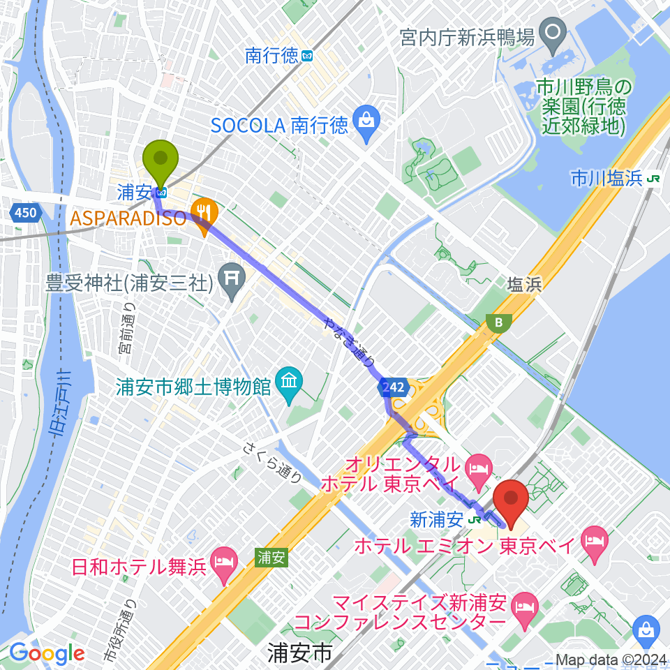 浦安駅から島村楽器 イオン新浦安店へのルートマップ地図